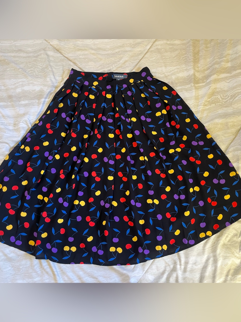 ModCloth Black Cherry Print Midi Skirt with Red, Yellow & Purple Cherries